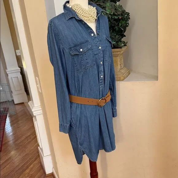 GAP Blue Long Sleeve Vintage Denim Pearl Snaps Dress with pockets - Picture 9 of 15
